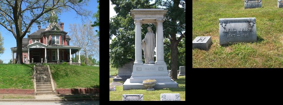 The Harwi home at 1103 Atchison St., the Harwi family monument at Mt. Vernon Cemetery, and Alfred J. Harwi's gravestone